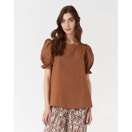 MANILA GRACE C065CU BLUSA IN POPELINE DI COTONE CON MANICHE A SBUFFO E SCHIENA SCOPERTA